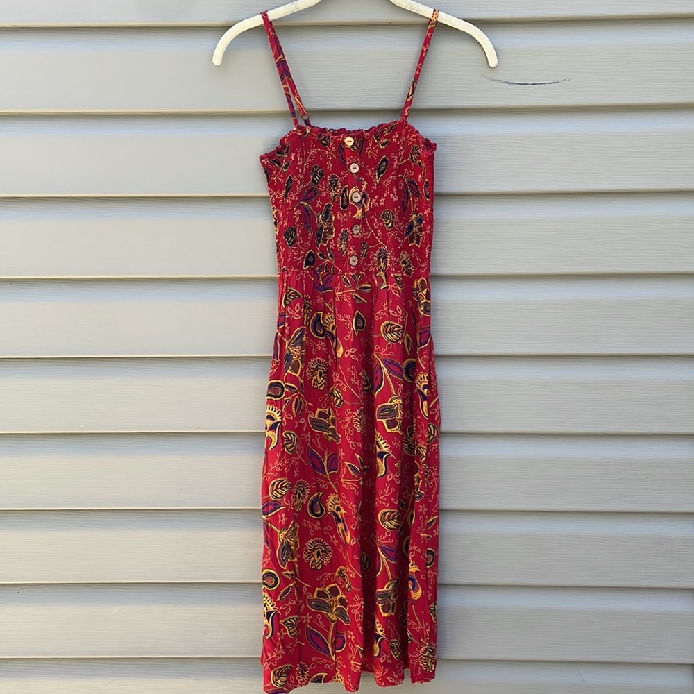 Angie Red Paisley Print Smocked Midi Dress